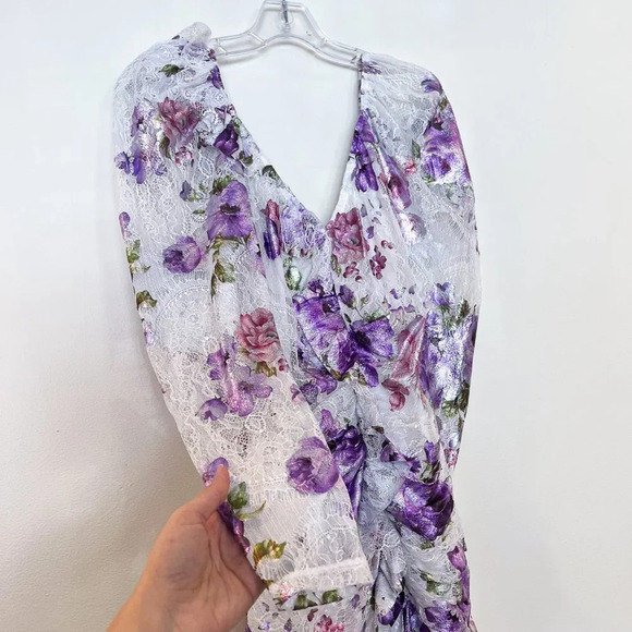 For Love & Lemons Purple Metallic Floral Lace Ruffle Cut Out Cocktail Mini Dress - Picture 7 of 13